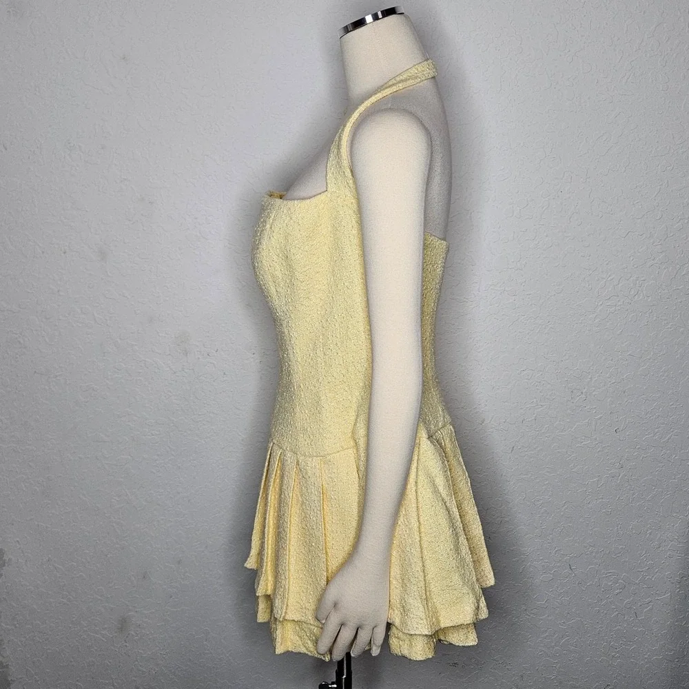 Oh Polly Butter Yellow Tweed Halter Mini Dress Pleated Ruffle Coquette US 10